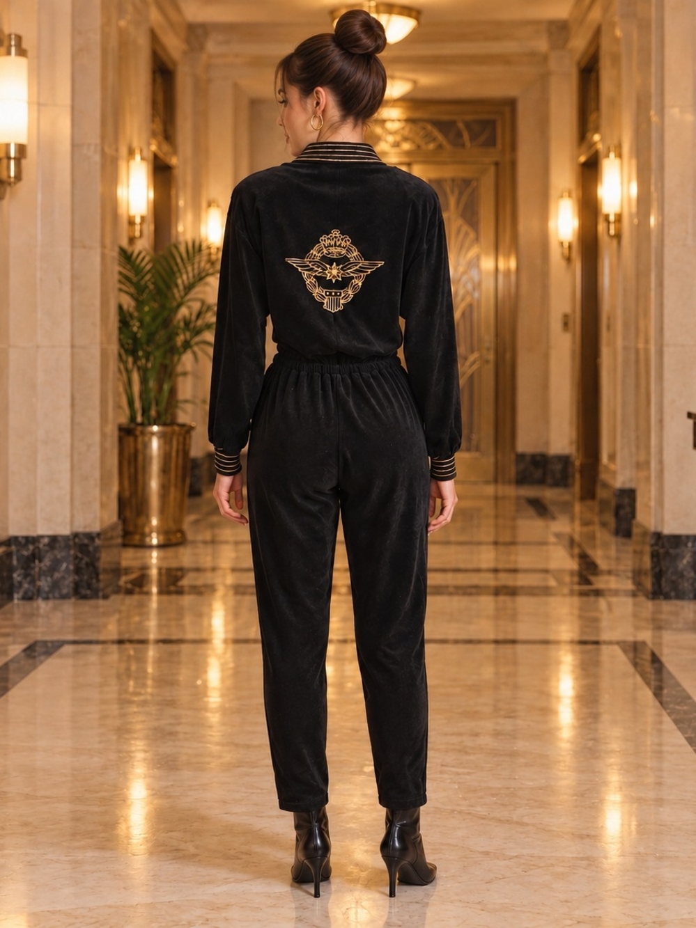 Vintage 80s Black Velour Jumpsuit Size Medium Embroidered Metallic Gold Retro